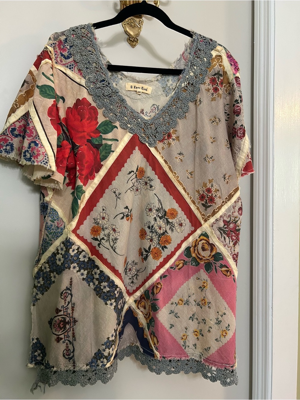 Patchwork Floral V-Neck Blouse with Crochet Trim in Multi
